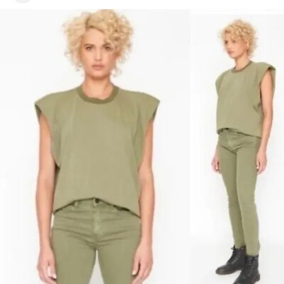 NWT‎ Free People x Sandrine Rose Strong Shoulder pad Tee, Army Color size small Green - Image 2