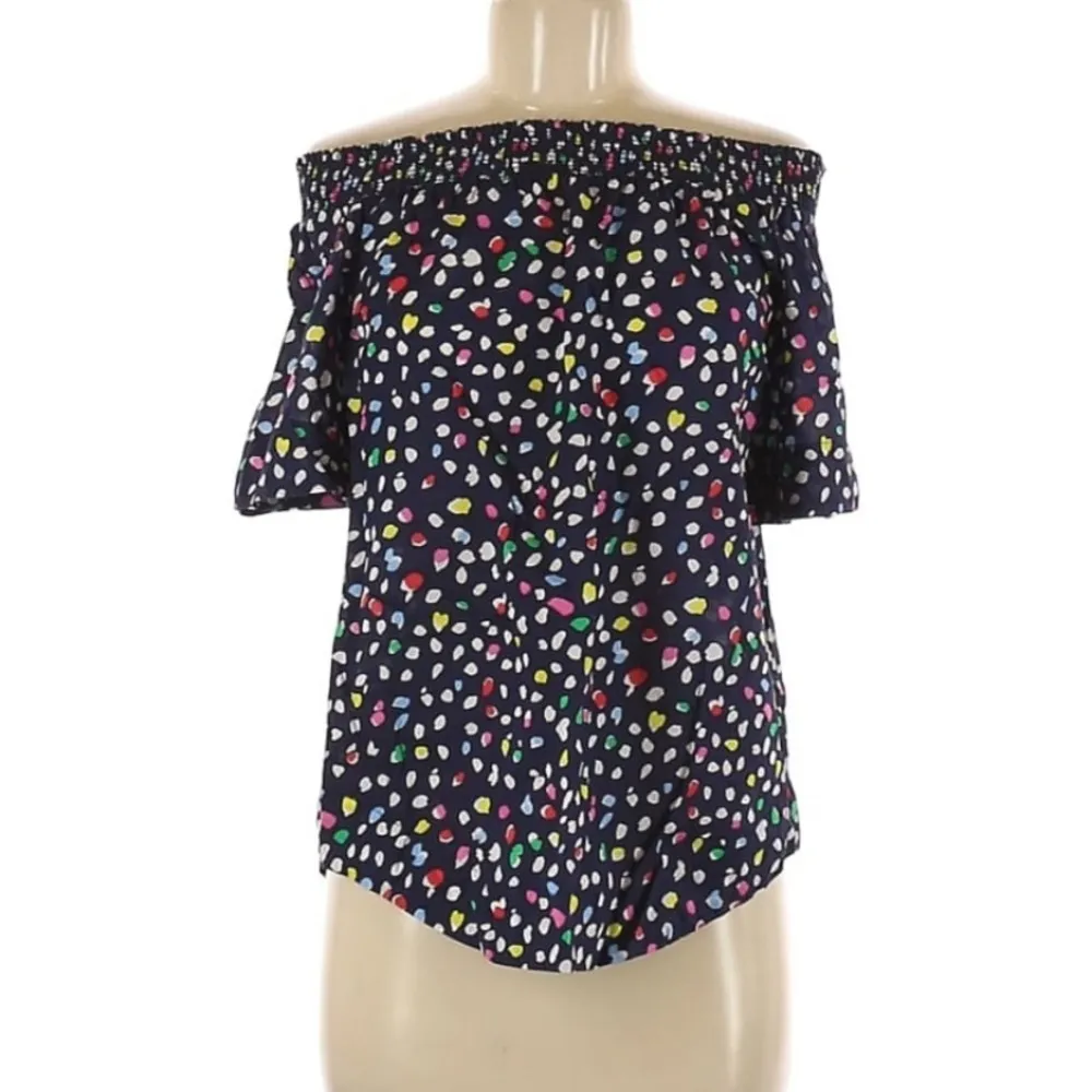 J. Crew Smocked Neck Off the Shoulder Top in Ratti Happy Cat Rainbow Spot‎ Print - Image 7