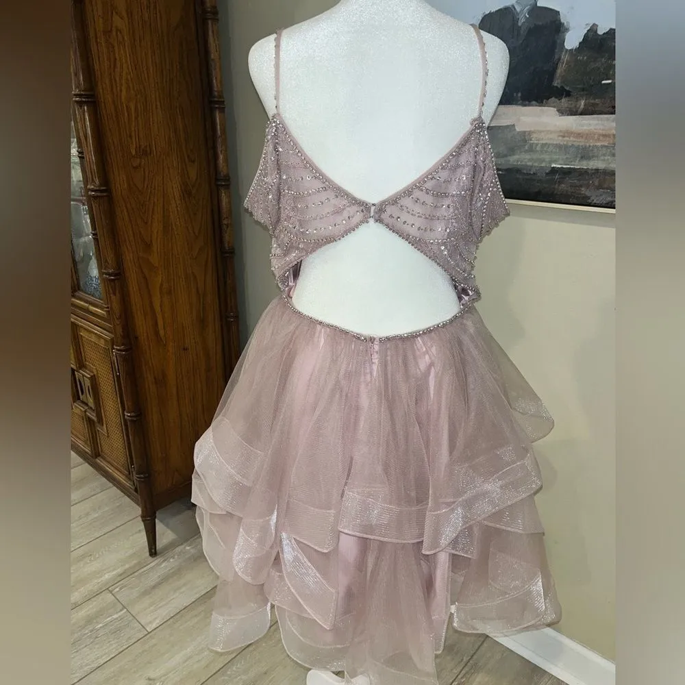 Aspeed Pink Ruffled Layered Off Shoulder Beaded Short Gown Semi-Open Back L - Image 9