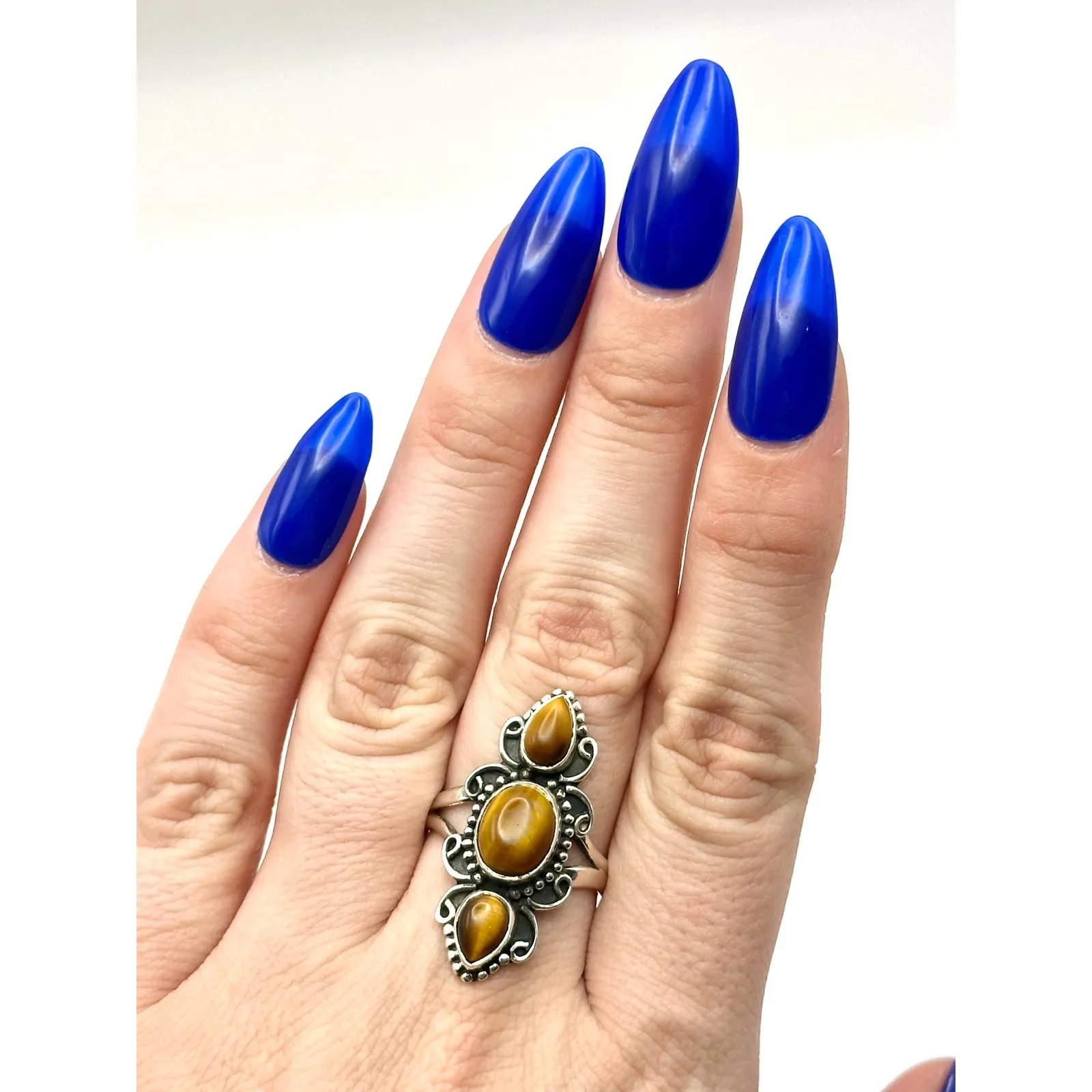 Tigers Eye 3 Stone Sterling Silver Handmade Ring Size 9 - Image 6