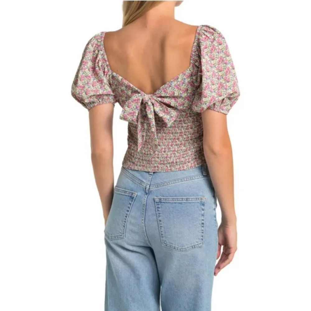 ASTR 💕💕 Tie Back Bubble Sleeve Top ~ Yellow Multi Ditsy Large L NWT - Image 3