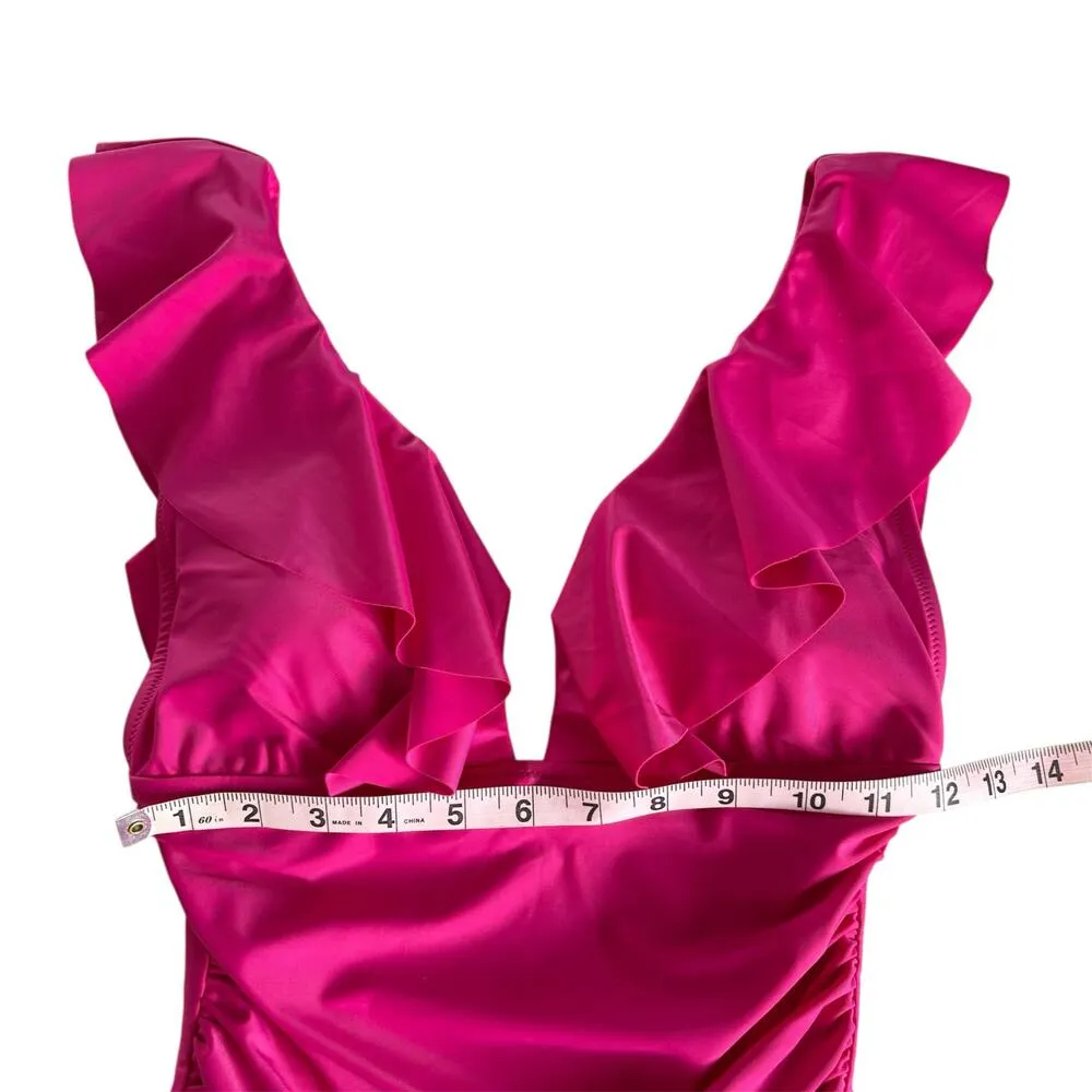 J.Crew Radiant Fuchsia Pink Ruched Ruffle One Piece Swimsuit Women's Size 6 NWT - Image 2