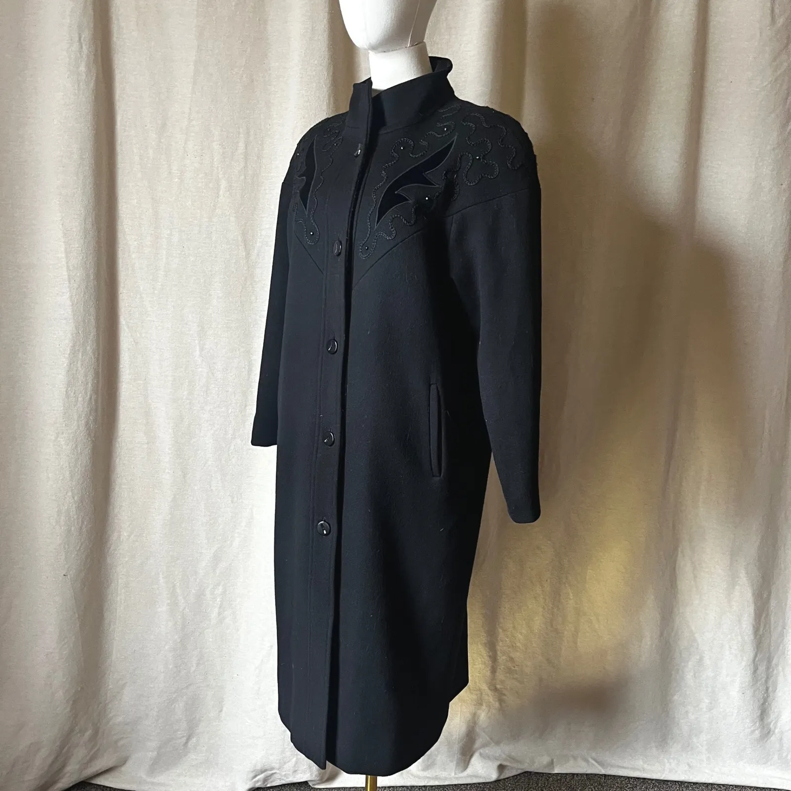 Vintage Luba Paris Black Virgin Wool Embroidered Long Coat Size M - Image 4