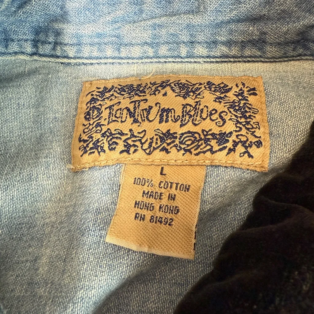 Vintage Tantrum Blues Denim Shirt Velvet Collar Womens Large 90s Embroidered Top Blue - Image 5