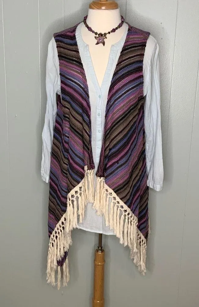 Umgee Purple Multicolor Stripe Crochet Knit Casual Vest Fringe BOHO S/M - Image 11