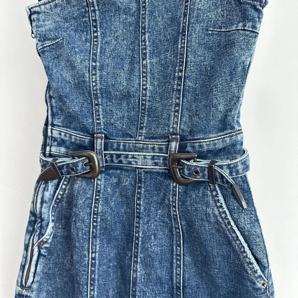 Retrofete Dress Womens XS Denim Fitted Belted Festival Boho Fringe Cowgirl Jean Blue - Image 6