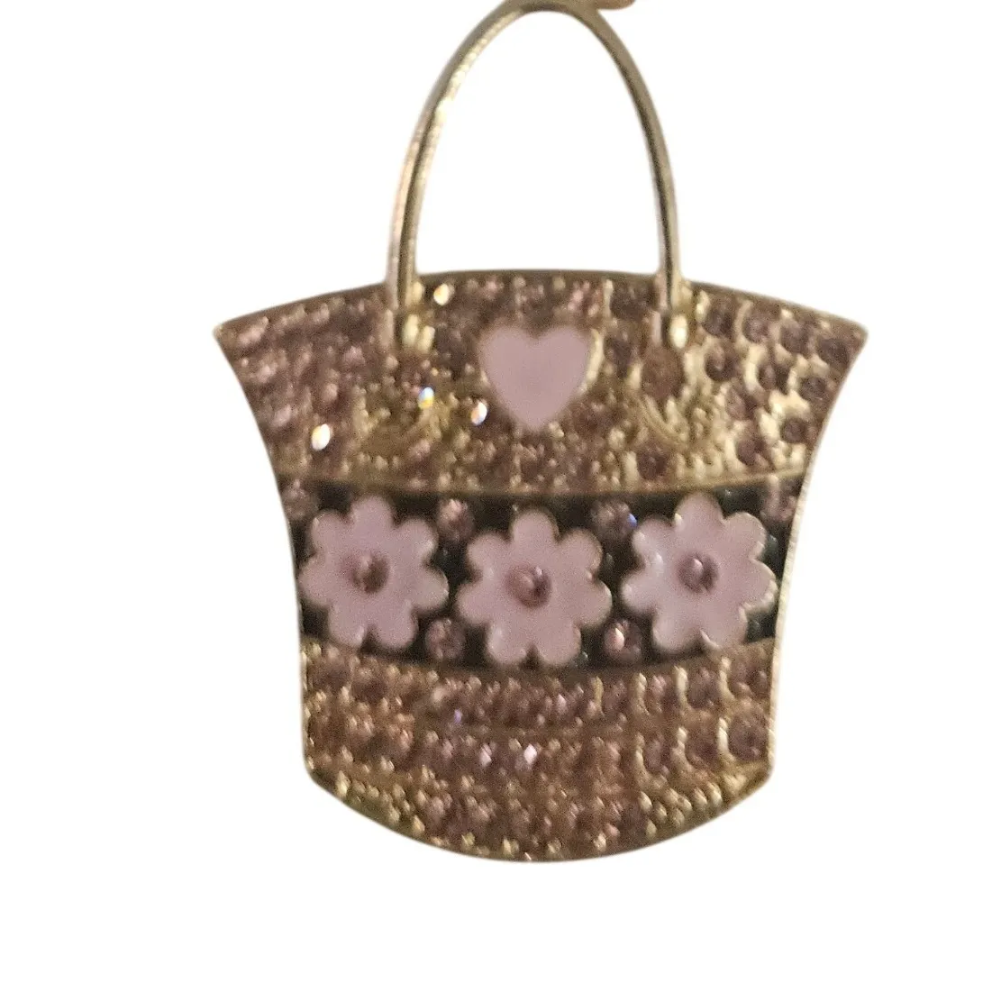Gold Tone Basket Purse Keychain Bag Charm Rhinestone Flowers Heart Accessories - Image 2