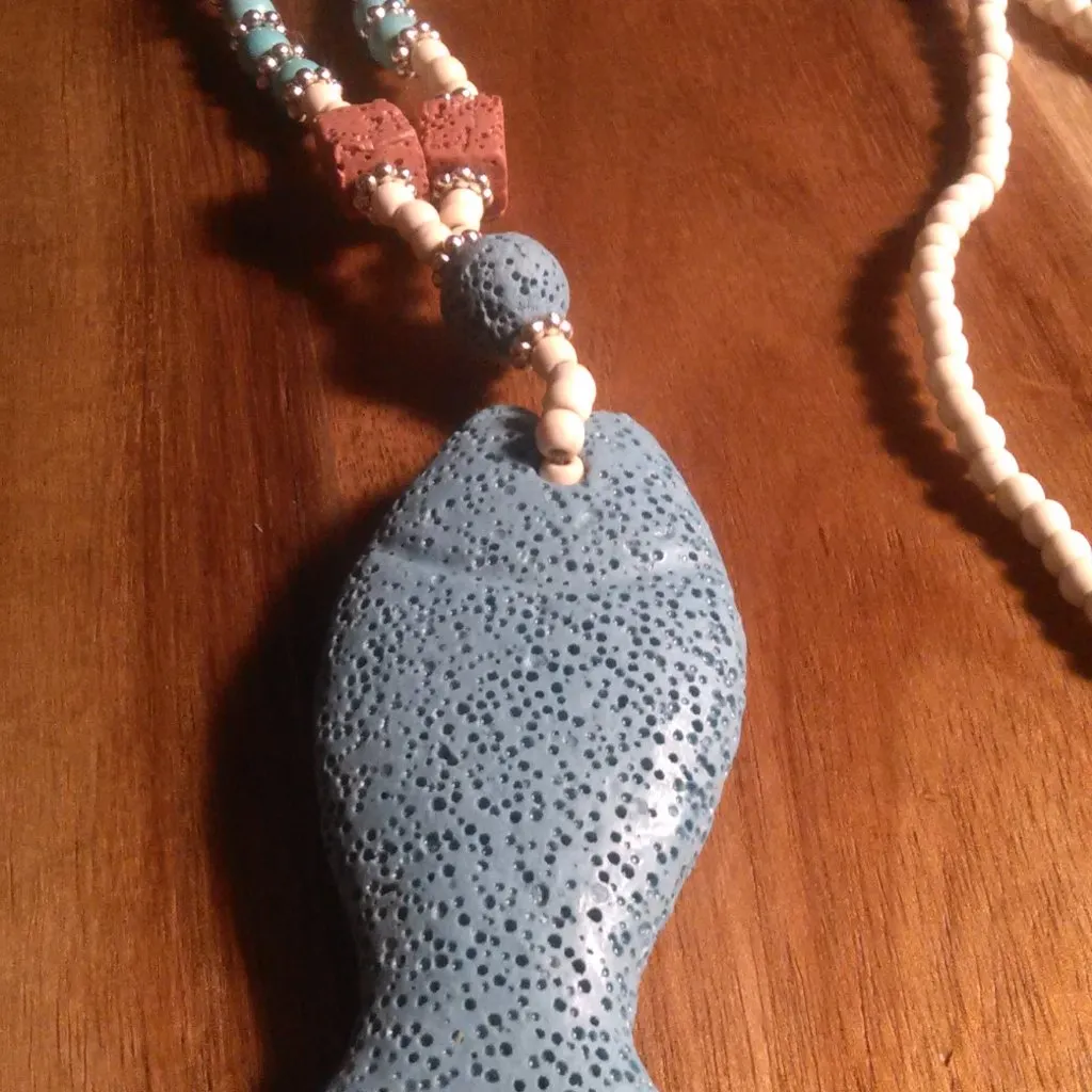 White and Blue Howlite and Lava Stone Fish Pendant Necklace (28 Inch) - Image 11