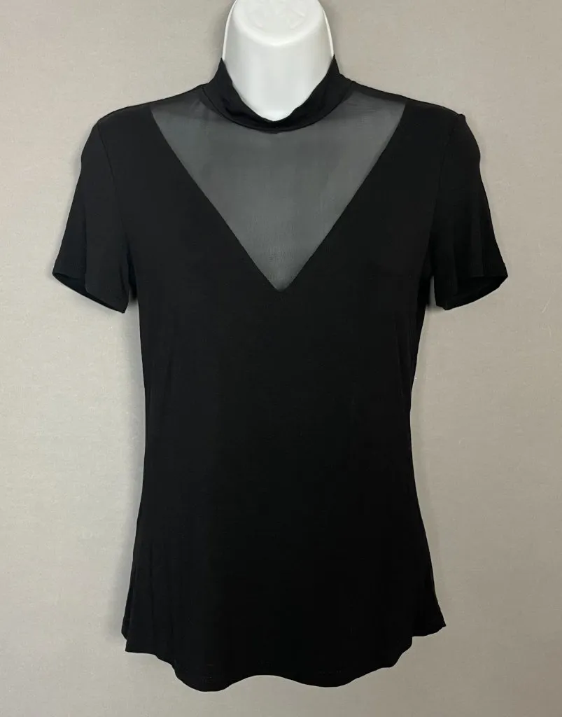 Bear Dance T-Shirt Sheer Panel V-Neck Mock Neck Short Sleeves Size Medium Black - Image 1
