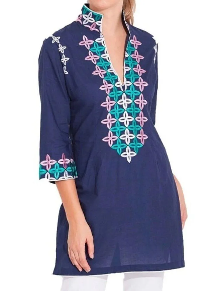 Jude Connally Embroidered Cotton Navy 3/4 Sleeve Tunic Women’s Size Medium Blue - Image 13