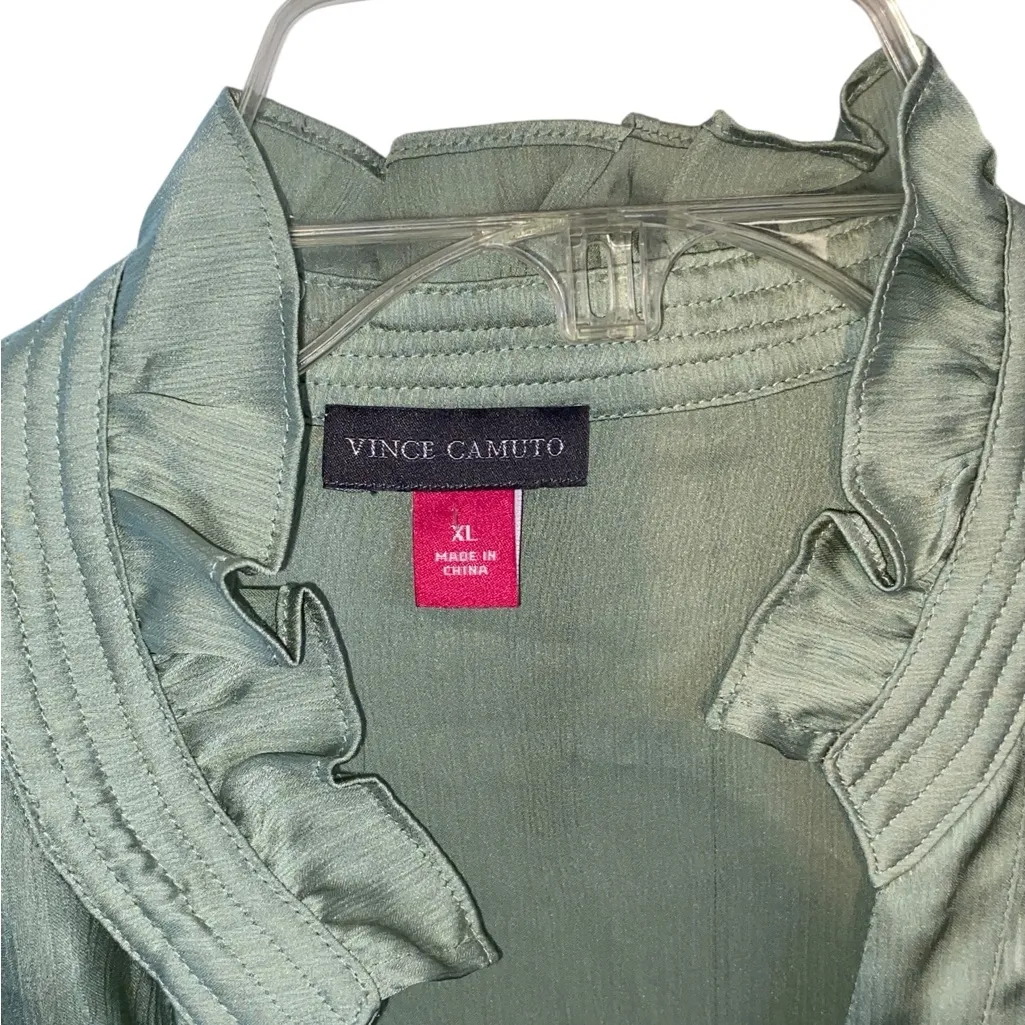 Vince Camuto Light sage Green Ruffle mock neck Button Down long sleeve Blouse - Image 3