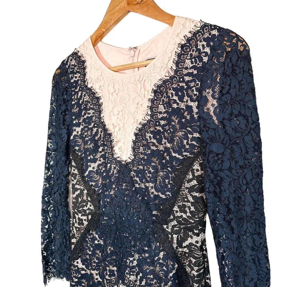 Peter Som x Made in Kind Patchwork Lace Long Sleeve Pencil Dress Pink Navy 0 - Image 4