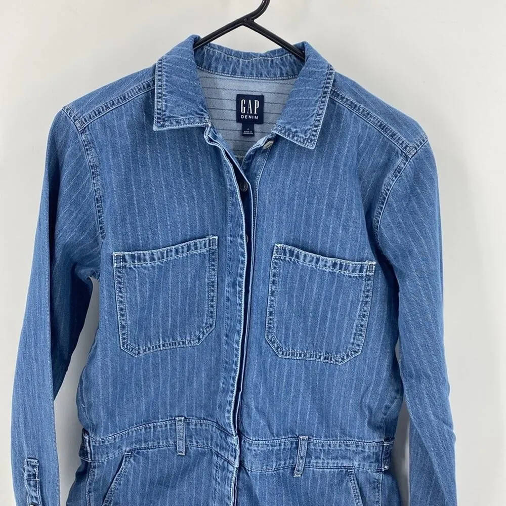 GAP denim utility romper long sleeve pockets pin stripes casual festival size 4 - Image 4