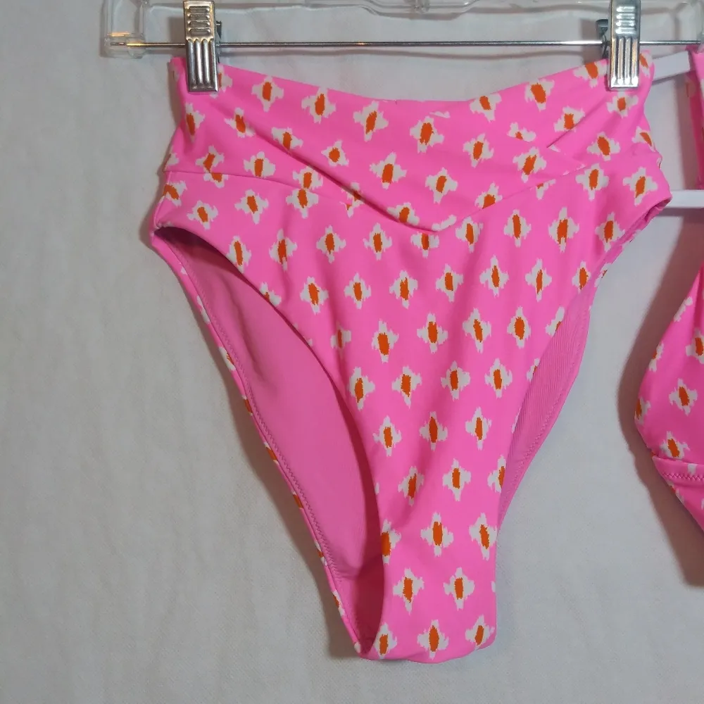 Aerie Pink Patterned Bikini Set High Waisted Cheeky Triangle Top Size Xs - Image 2