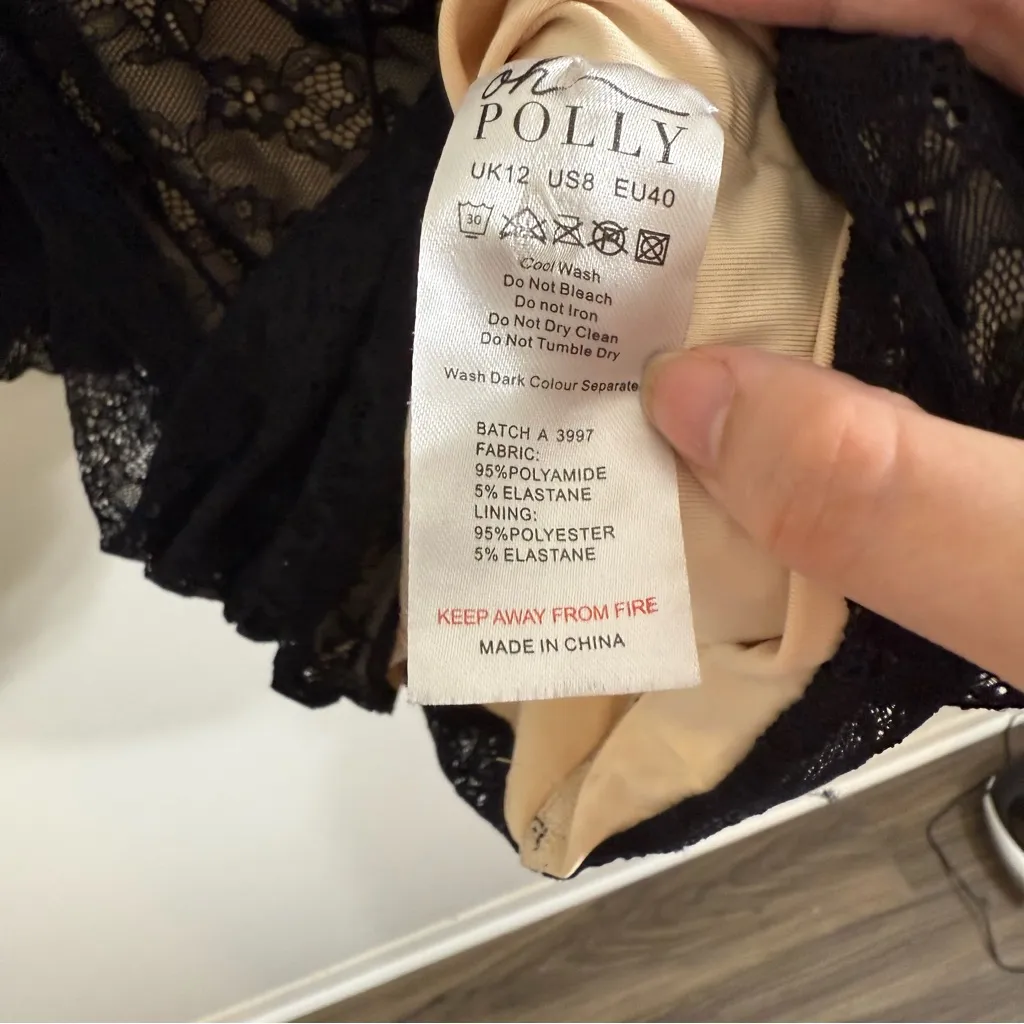 Oh Polly Tell Me More Black Lace Ruched Mini Dress Long Sleeve Puff Shoulders 8 - Image 5