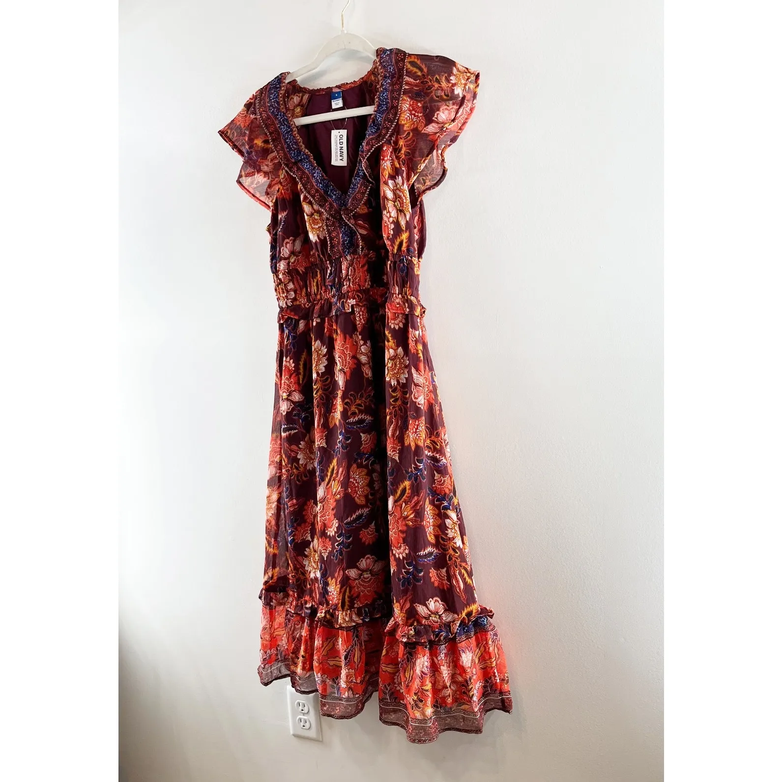 Old Navy Waist Defined Flutter Short Sleeve Floral Midi Dress Rust Red Small - Image 8