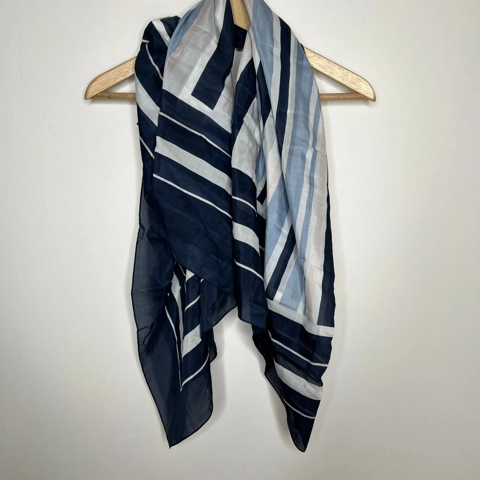 Cuyana Large Navy Blue Light Blue Pink Grey Striped Cotton/Silk Scarf Italy - Image 4