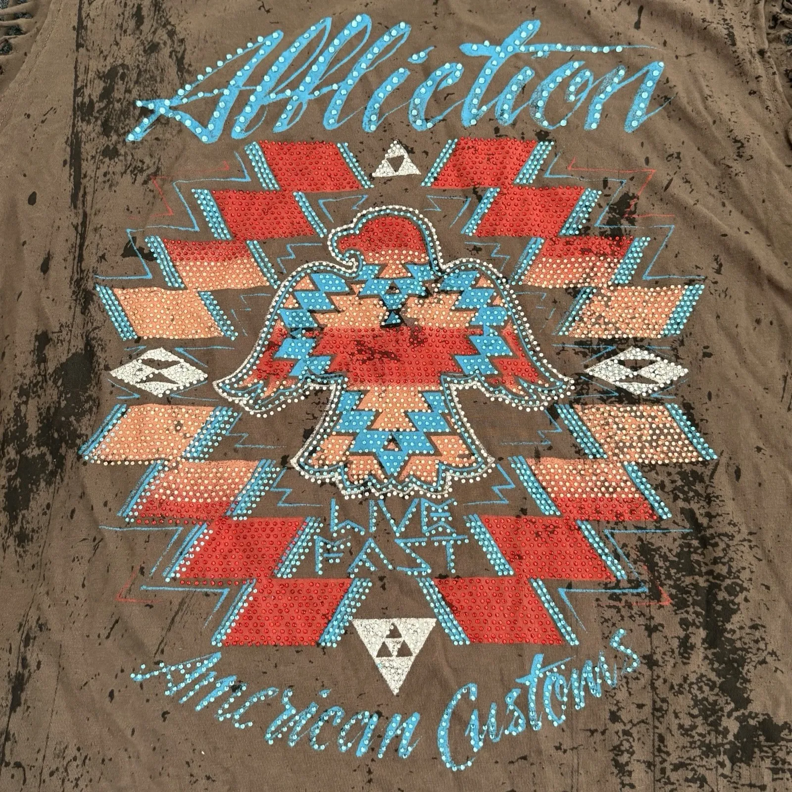 Affliction Women's AC Shaman Fringe‎ Muscle Tee Brown Sz 2XL Bedazzled Y2K Style - Image 4