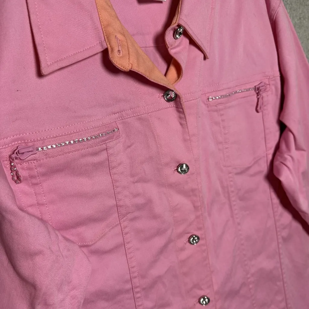 Quaker Factory XL Women Pink Jacket Button Long Sleeve Rhinestone Cotton Spandex - Image 5