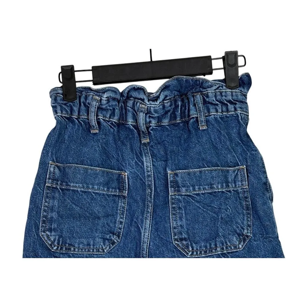 Zara High Waisted Paperbag Pleated Loose Fit Belt Loops Jean Shorts 2 Dark Blue - Image 6