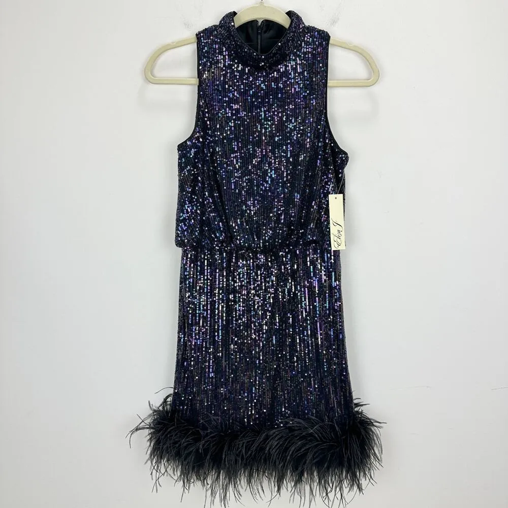 Eliza J Sequined Feather Hem Mini Dress Party Glam Mockneck Sleeveless US 6 NWT - Image 5
