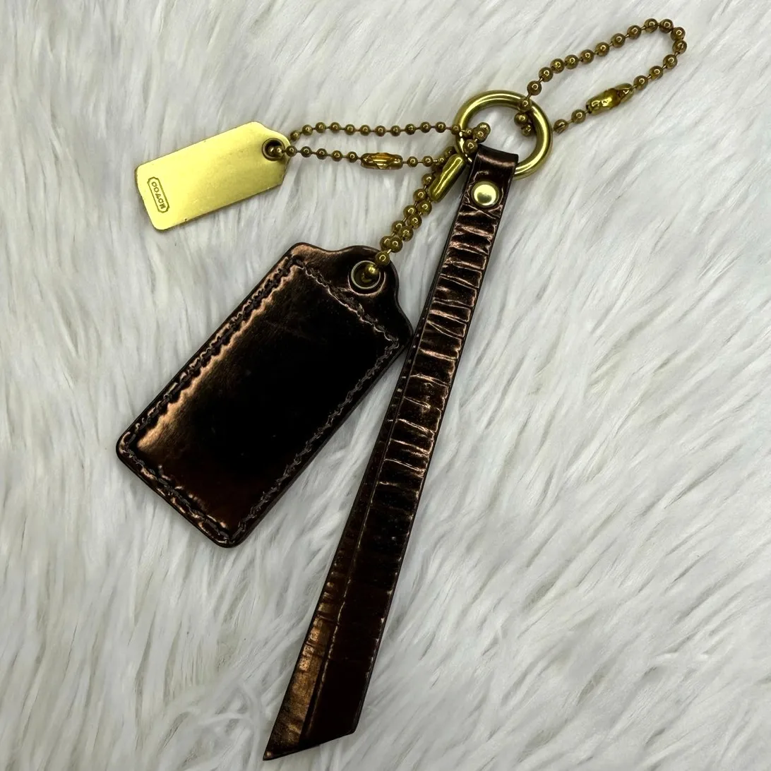 y2k COACH Bronze Brown Brass Patent Leather Hangtag Hang Tag Fob Set - Image 2