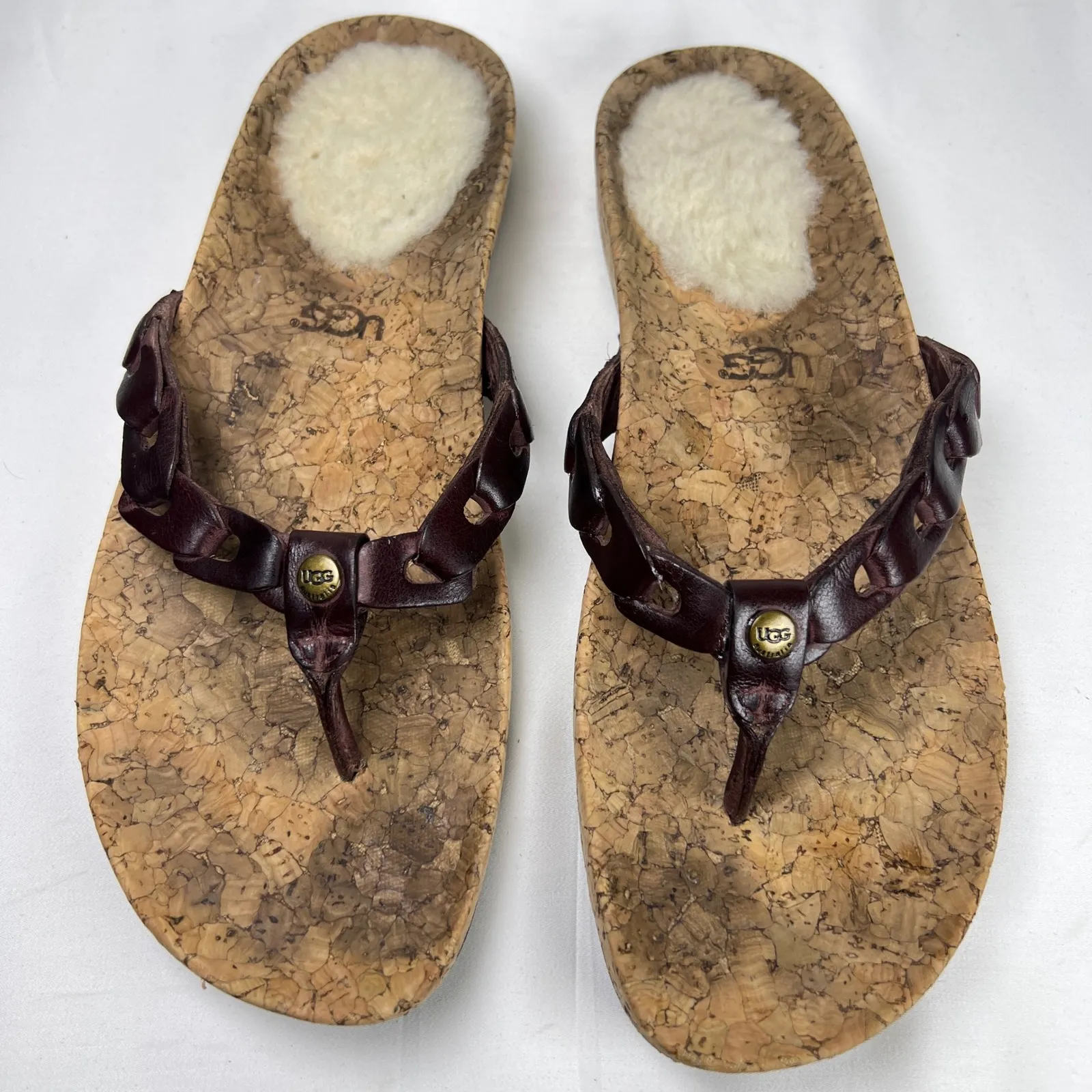 UGG Australia Cork Brown Leather Thong Sandals Shearling Footbed Women US 8 - Image 8