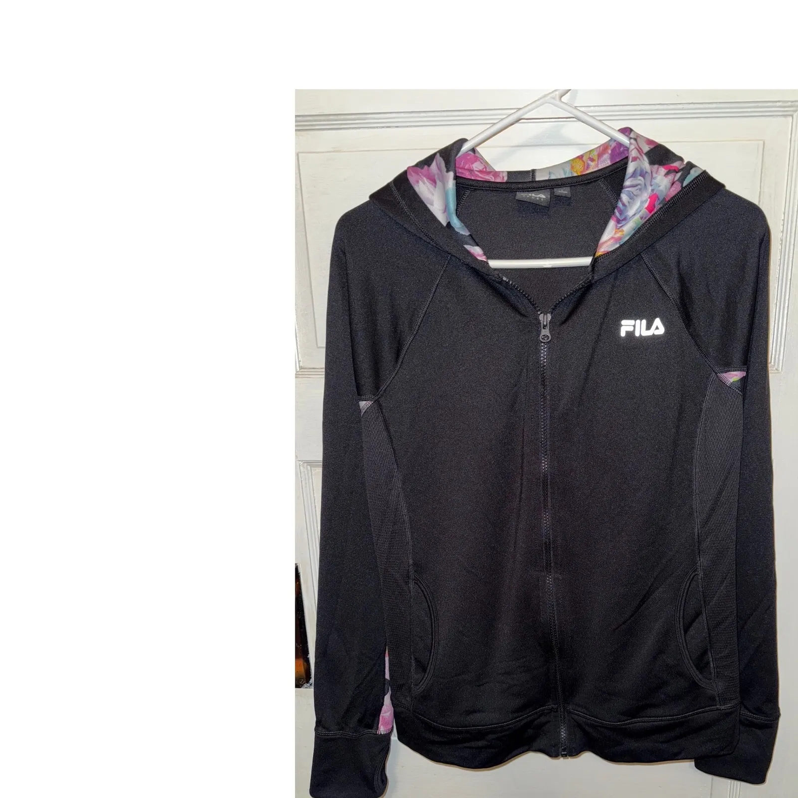 Fila Women's Black Floral Trim Full Zip Hoodie Pants Athletic Set Size L - Image 2