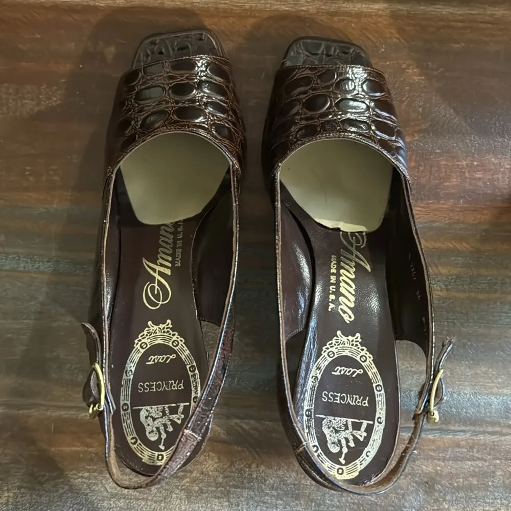 Amano Vintage Princess Last Peep Toe Brown Sling Back Heel Shoes Size 8 N - Image 3
