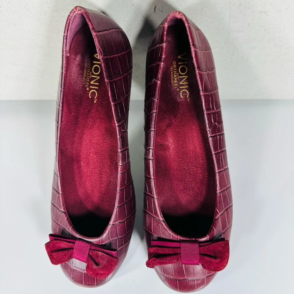 Vionic Lydia Ballet Wedge Women’s US 8,5 Slip On Comfort Shoes Croc Bow Maroon Red - Image 5