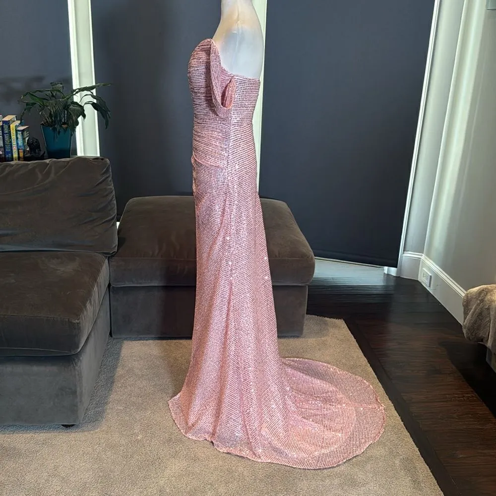 Women’s Pink Sequined Off the Shoulder Prom Party Dress Leg Slit Zip Back Size 2 - Image 4