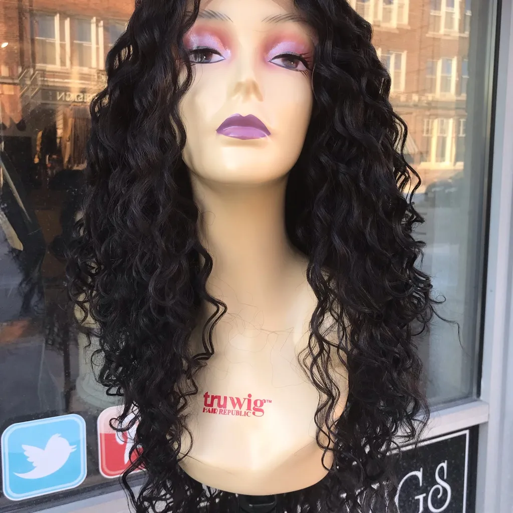 Dark Long curly Swiss lace Freepart Wig Brown Size 30 - Image 2