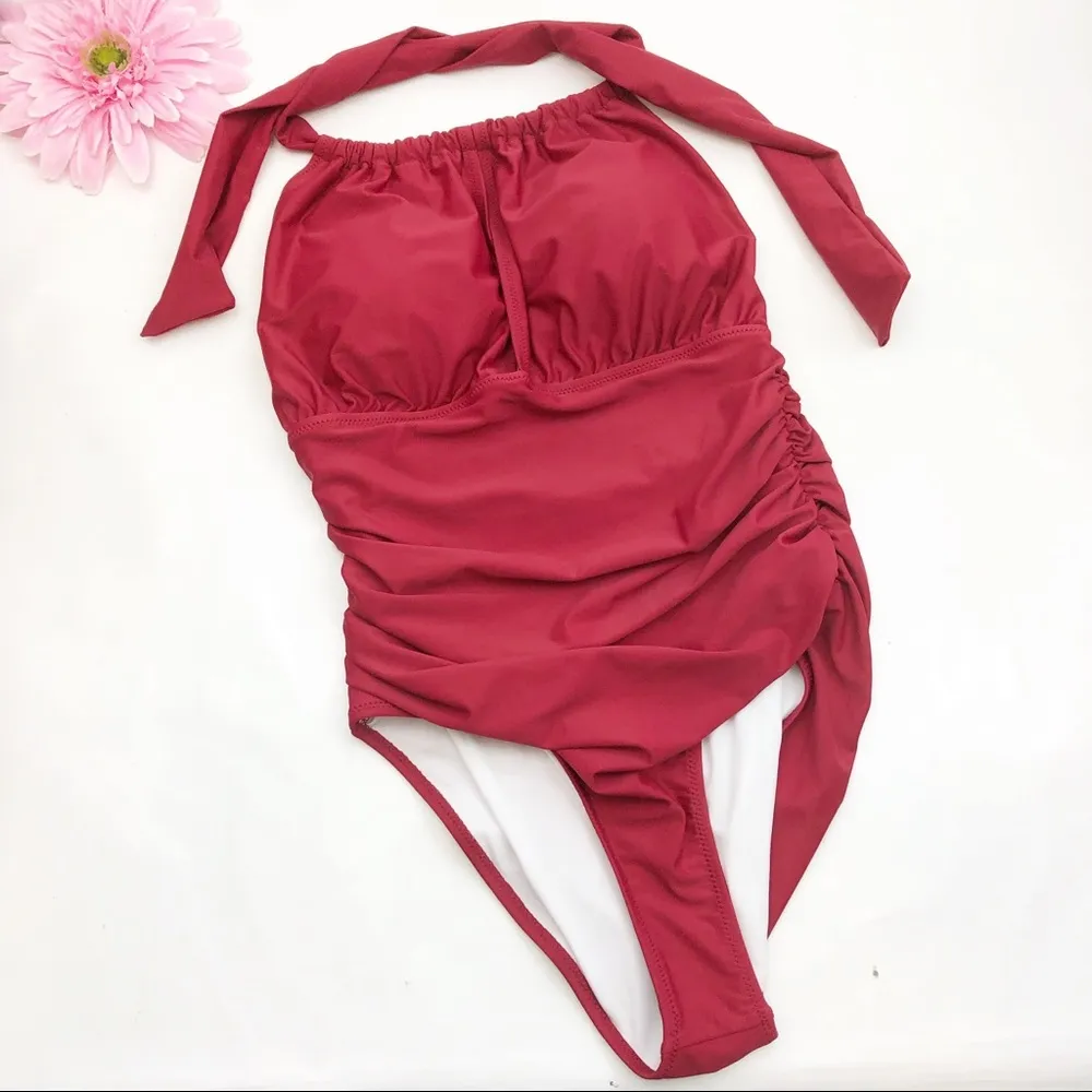 NEW Cupshe Keep Secrets Halter One Piece Swimsuit: Dark Brick Red - Image 3