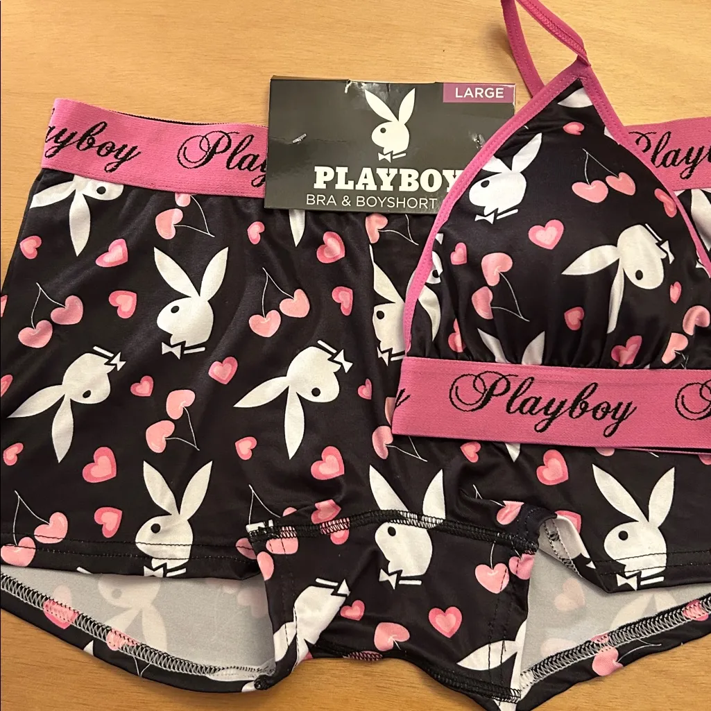 New Women’s PLAYBOY Black and Pink Bunny 🐰 Print Bra & Boyshort Set Size Large - Image 5