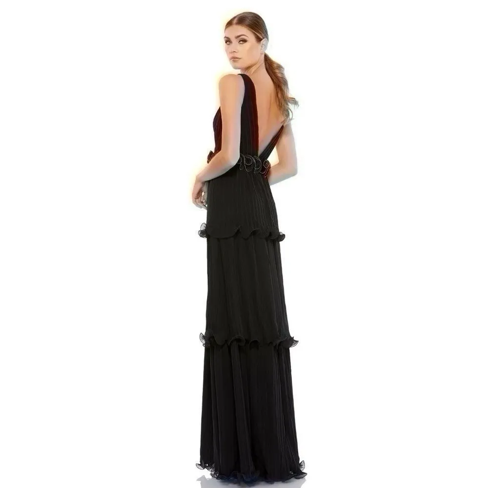 Mac Duggal Pleated Ruffle Tiered Plunge Sleeveless Gown - Image 2