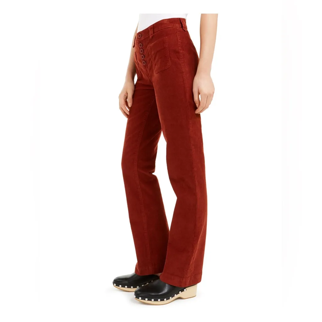 Rust Patch Pocketed Button Front Boot Cut Corduroy Pants - Image 3