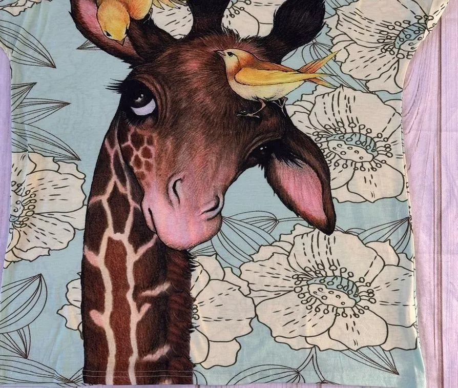 Miss Look Giraffe with Birds Light Blue Floral Whimsical T-Shirt Plus Size 3X - Image 3