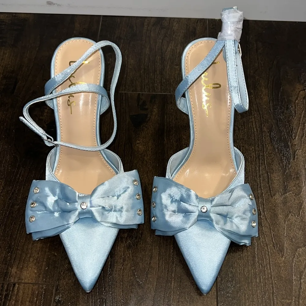 NWOT Lulus Light Blue Satin Rhinestone Bow Stiletto Heels - Image 2