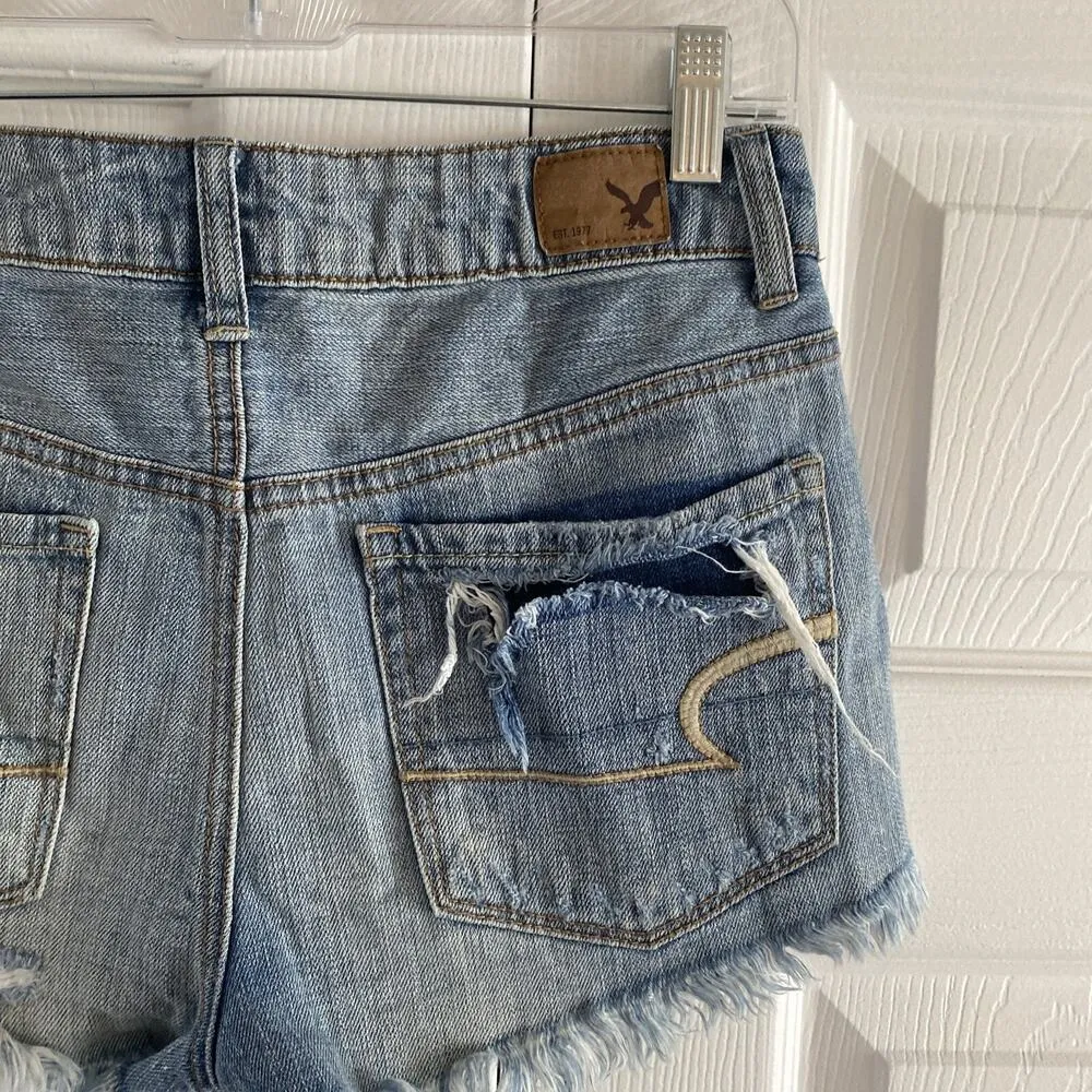 American Eagle Women's 2‎ High Rise Shortie Light Wash Denim Distressed Shorts - Image 6