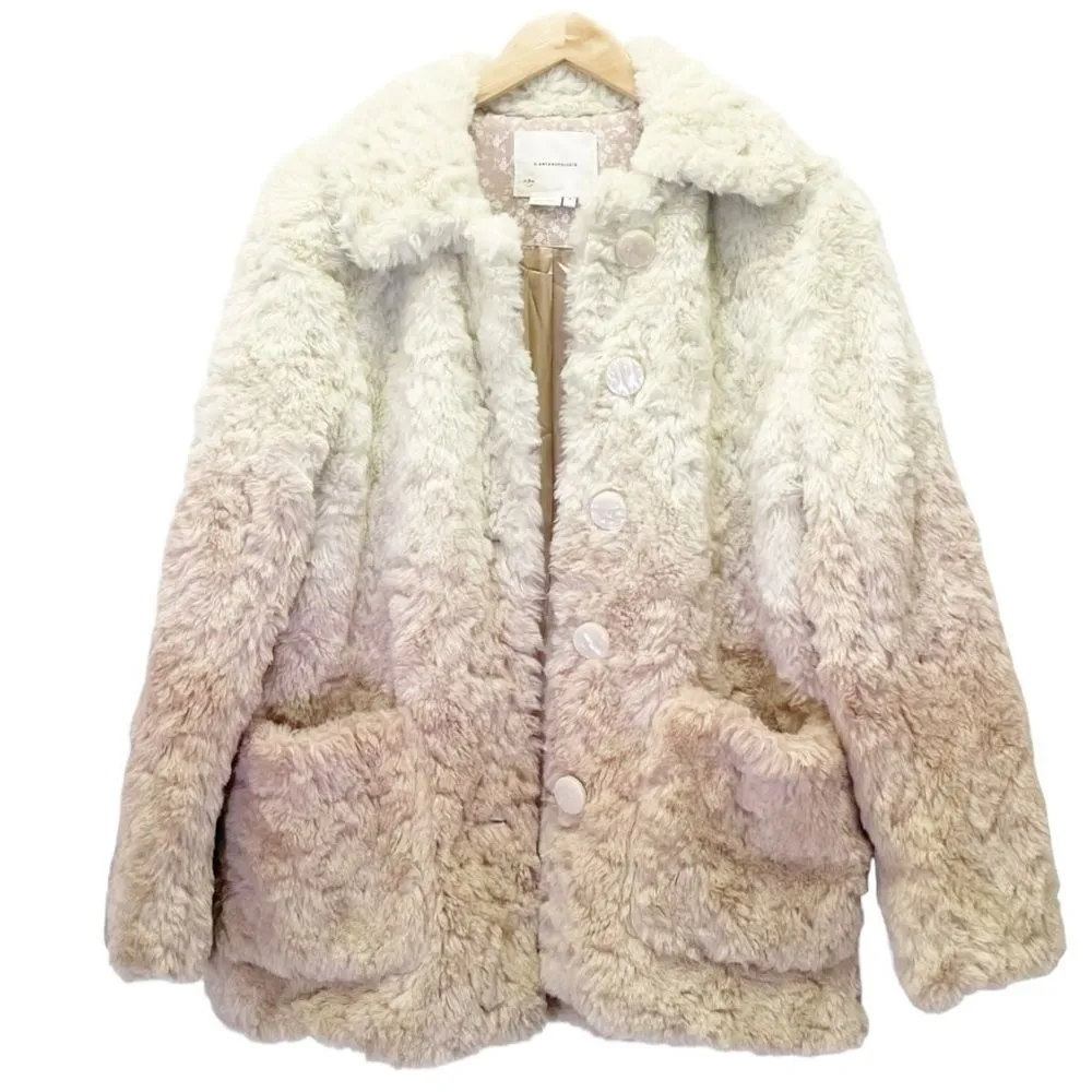 Anthropologie Blush Ombré Faux Fur Coat Boho Teddy Jacket Women’s Size Medium - Image 3