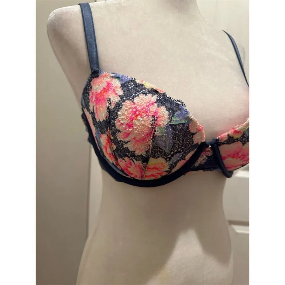 Victoria's Secret PINK Push Up Bra 34D Floral Navy Blue/Pink Adjustable … - Image 2
