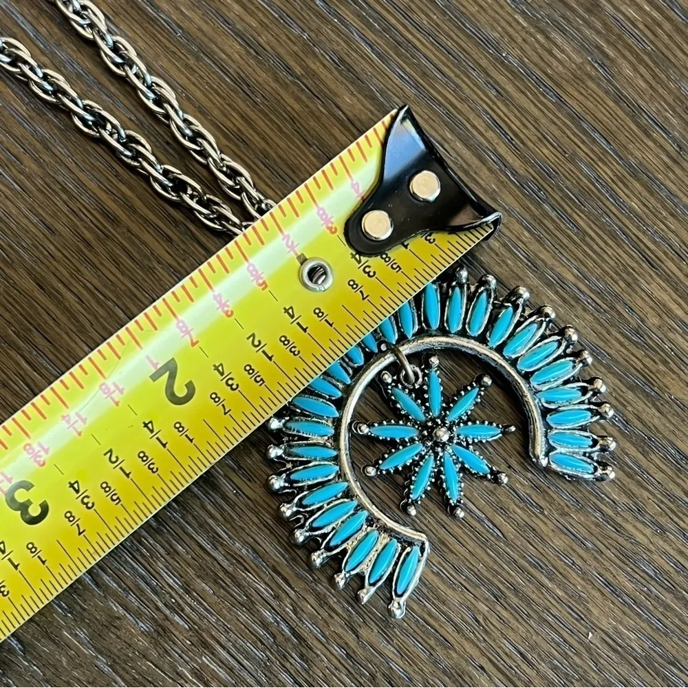 Squash blossom fashion necklace, silver tone and faux turquoise, unmarked - Image 7