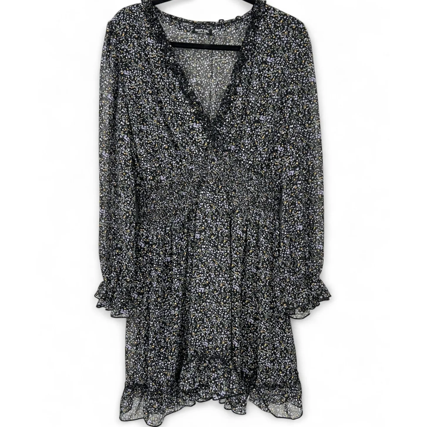 NASTY GAL | 14 | Dress Mini Ruffle Faux Wrap Long Sleeve Dark FLoral Womens - Image 2