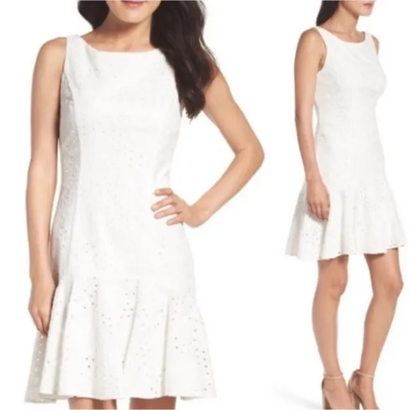 ELIZA J White Eyelet Drop Waist Ruffle Hem Sleeveless Dress - Image 2