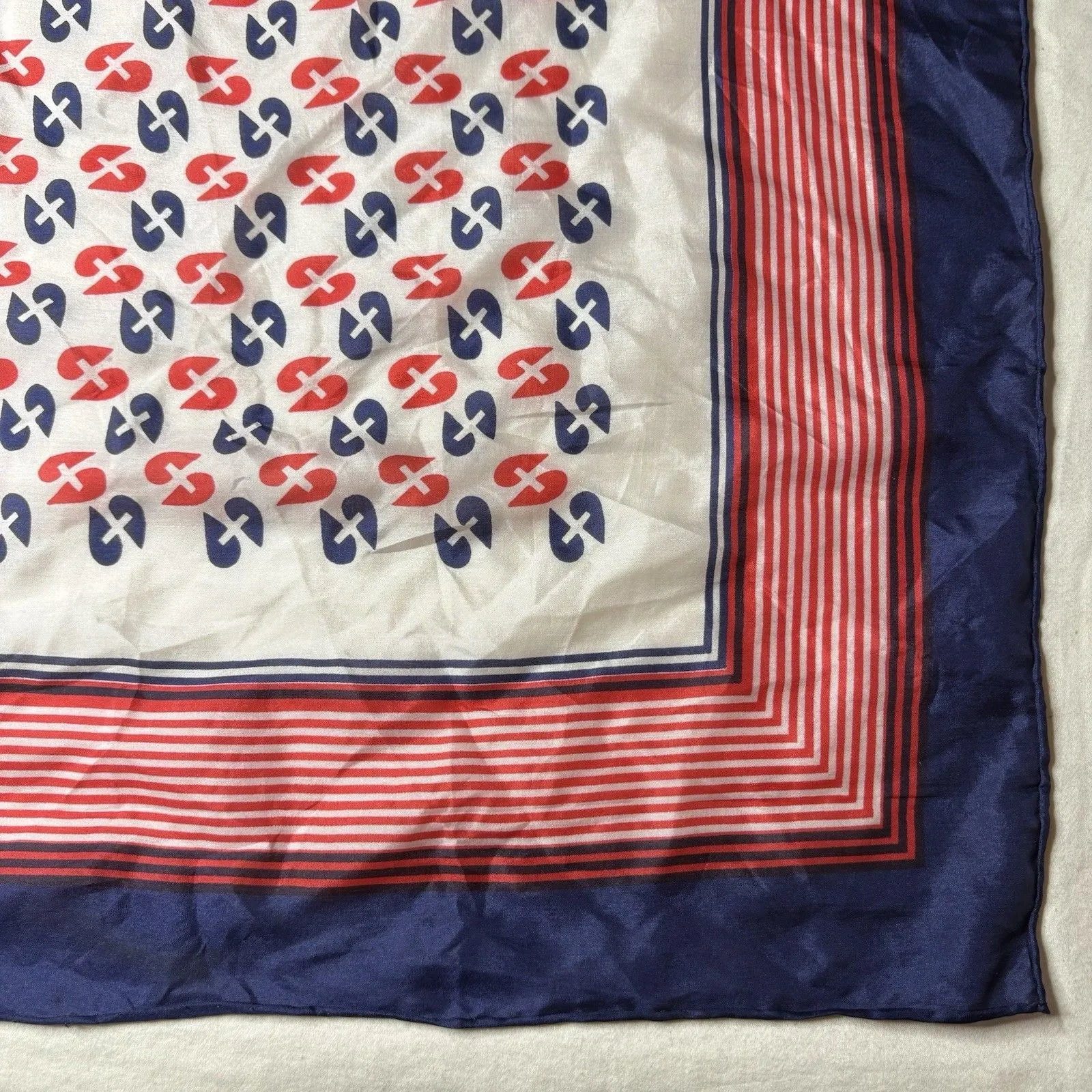 Vintage Acetate Square Scarf 28” x 28" Red White Blue Japan - Image 2