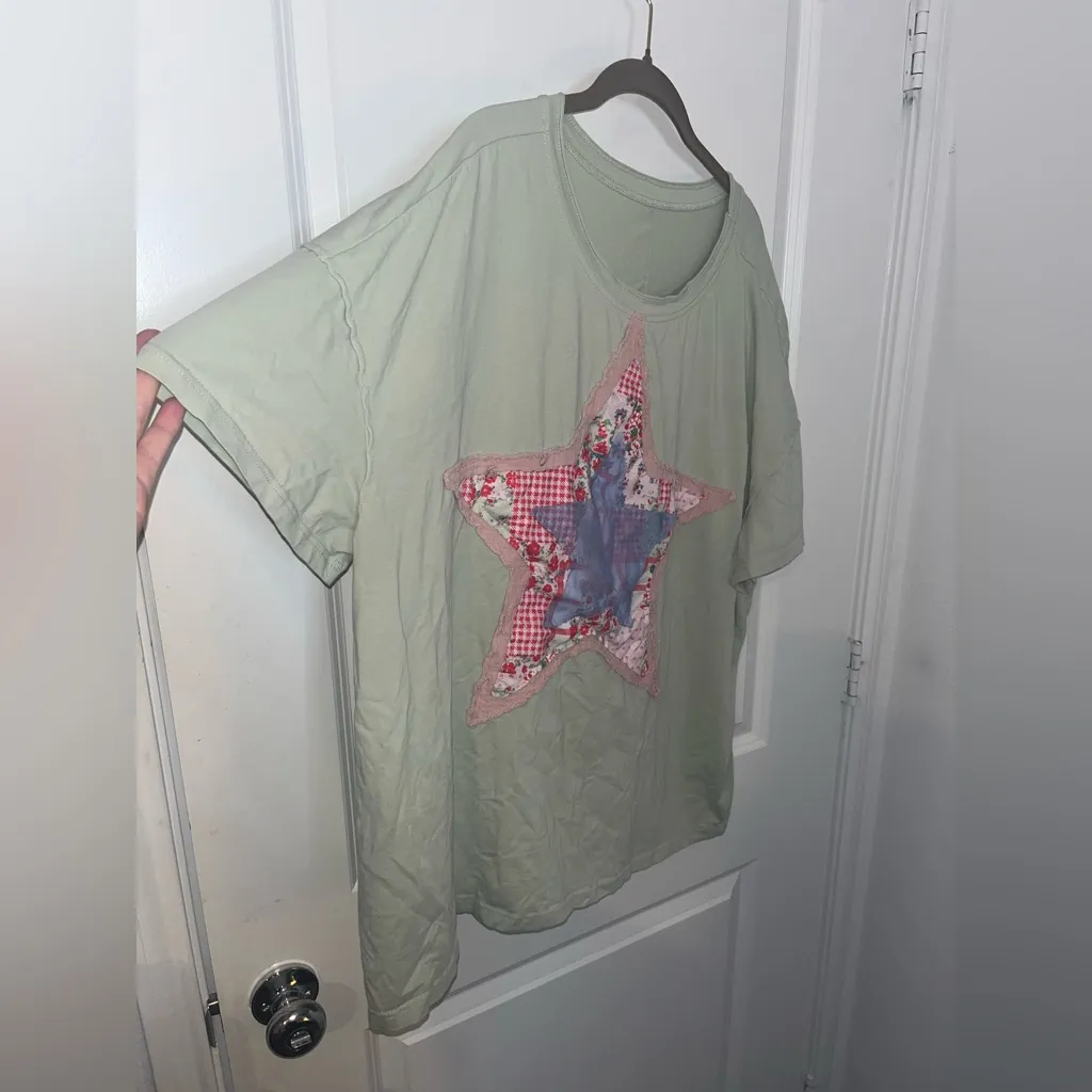 Layered Fabric Star Patchwork MintGreen Oversized T Shirt Y2K Indie Americana XL - Image 9