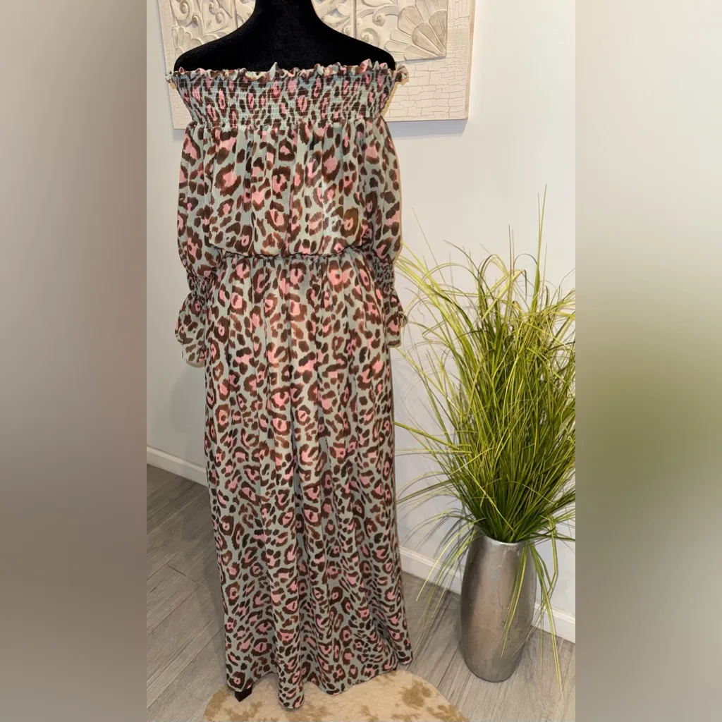 PatBO Leopard Print Off The Shoulder Maxi Dress Brown - Image 7