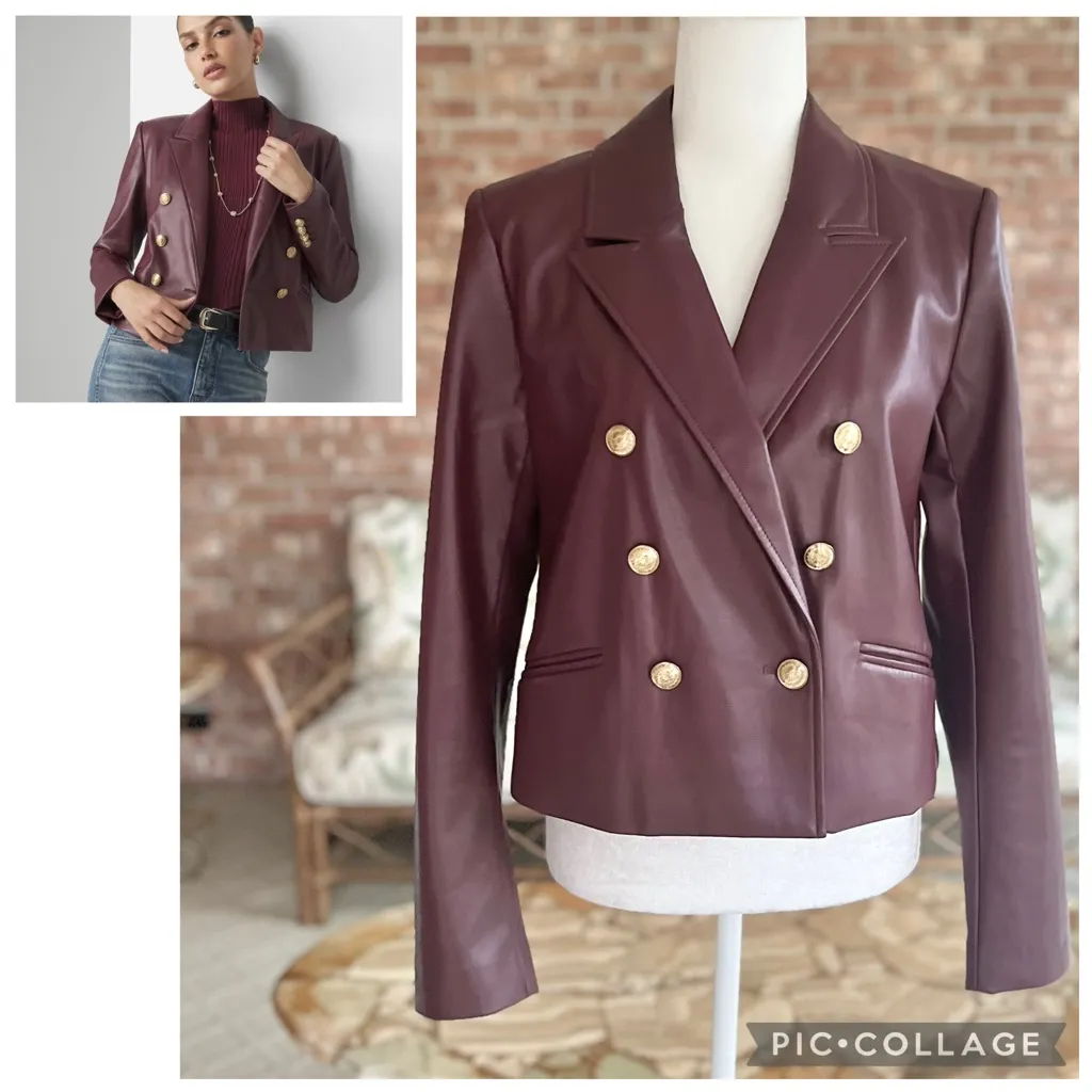 WHBM Jacket NWT Faux Leather Double Breasted Windsor Wine Chic Glam Vegan Crop M - Image 2