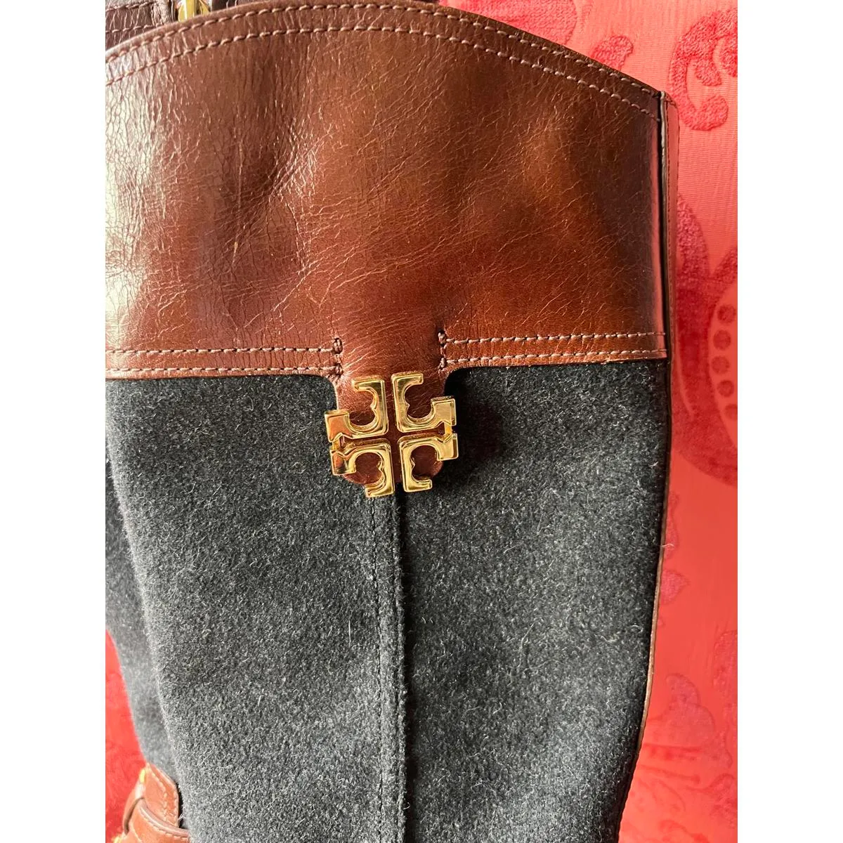 Tory Burch Women's Brown Leather and Navy Wool Boots - Image 4