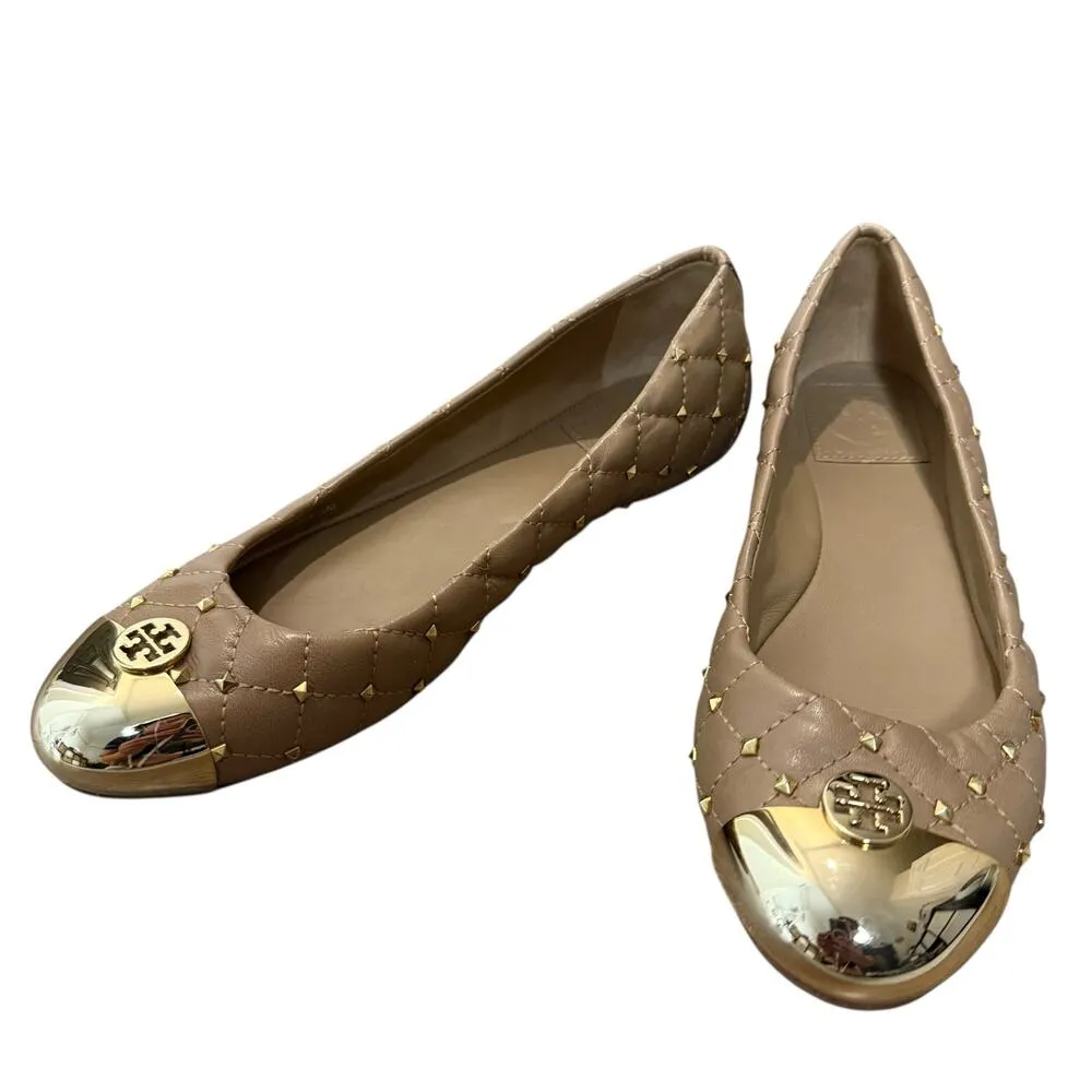Tory Burch Kaitlin Taupe Gold Cap Toe Studded Medallion Slip On Ballet Flats 6.5 - Image 4